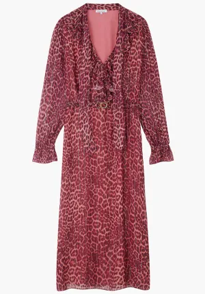 Margot Ruffle Neck Leopard Print Maxi Dress In Burgundy