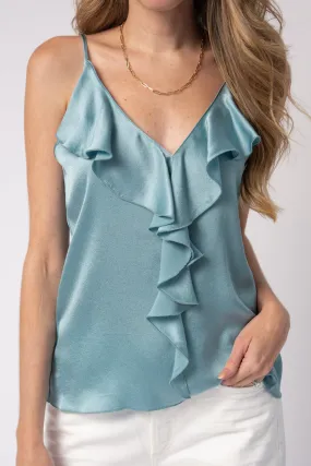 Marocain Satin Top with Flounces in Aqua Marina