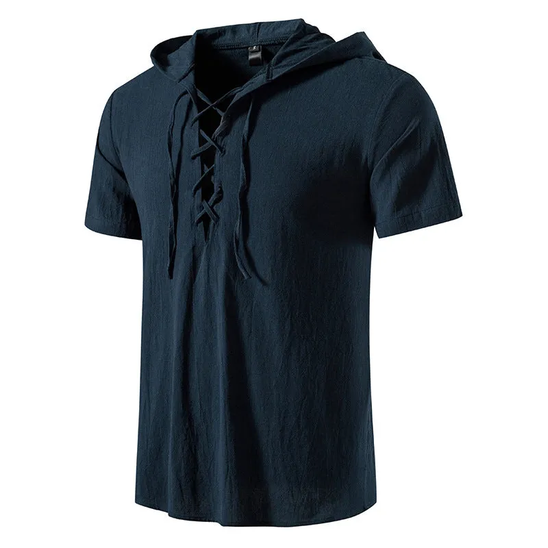 Men Tied Straps Short Sleeves Hoodie T-Shirt