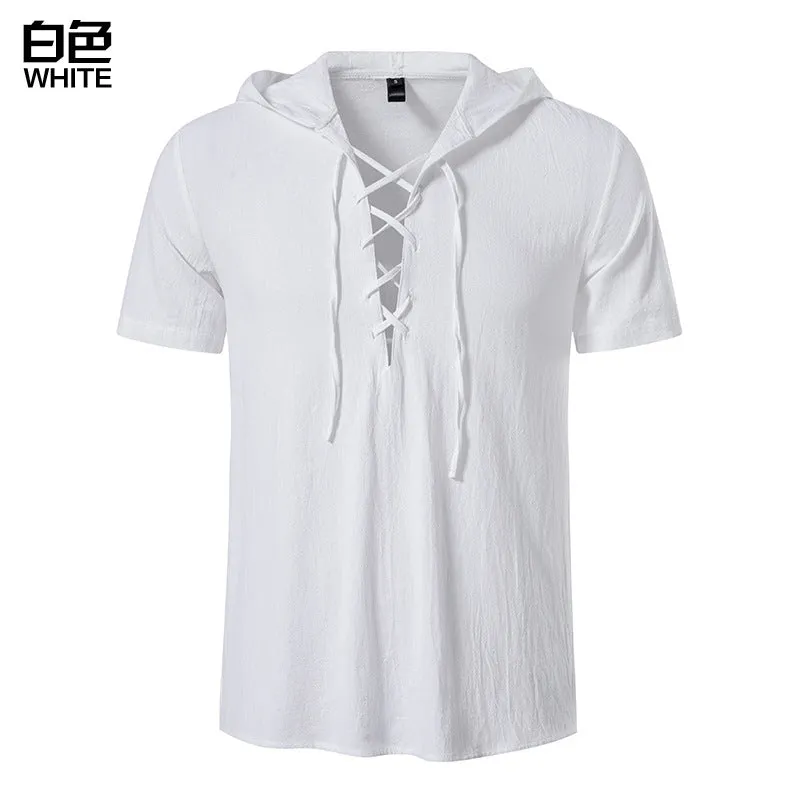 Men Tied Straps Short Sleeves Hoodie T-Shirt