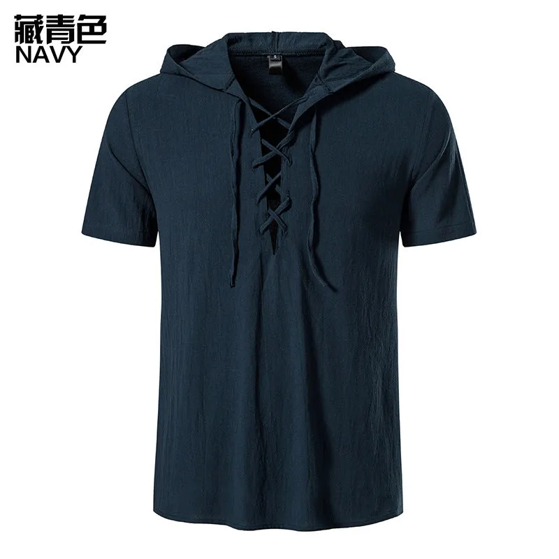 Men Tied Straps Short Sleeves Hoodie T-Shirt