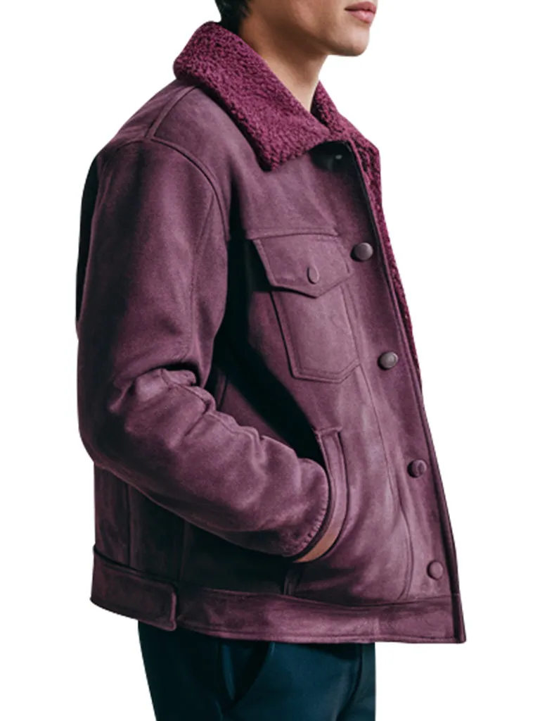 Men’s Burgundy Suede Jacket With Sherpa Collar