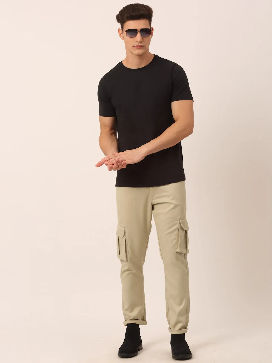 Men's Casual Cotton Solid Cargo Pants ( KGP 154 Cream ) - Jainish