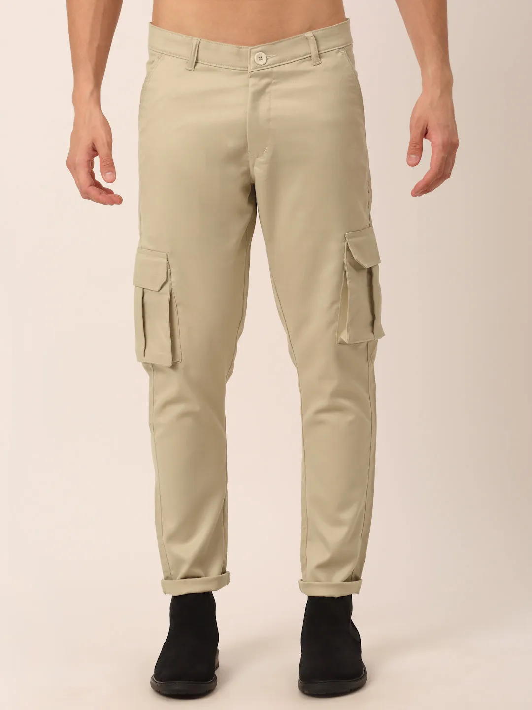 Men's Casual Cotton Solid Cargo Pants ( KGP 154 Cream ) - Jainish