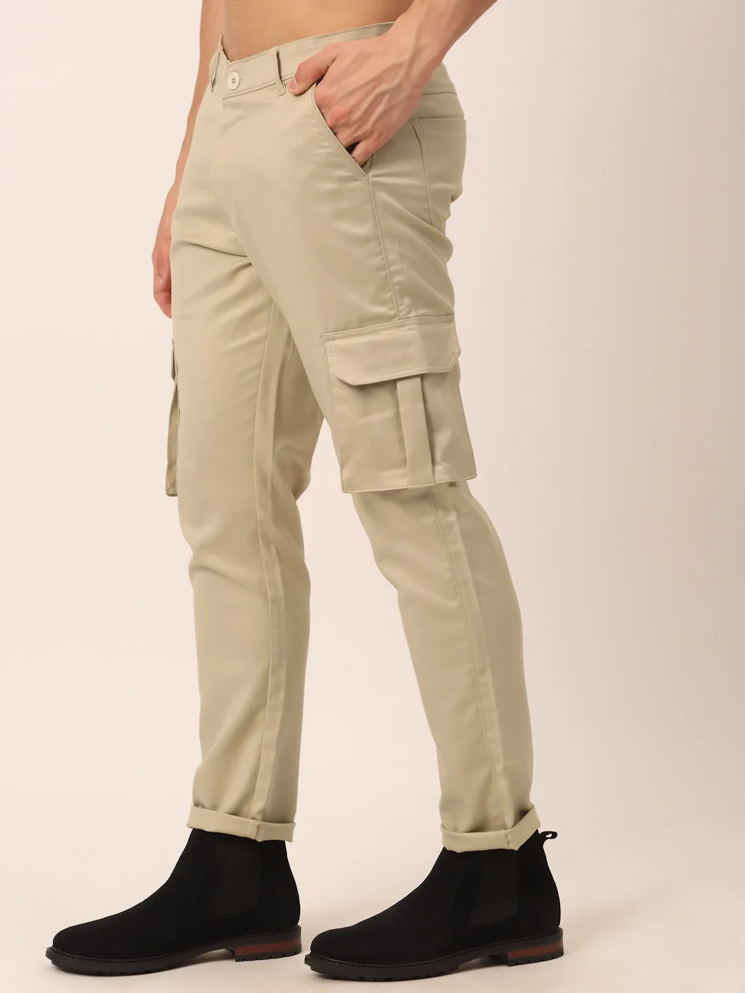 Men's Casual Cotton Solid Cargo Pants ( KGP 154 Cream ) - Jainish