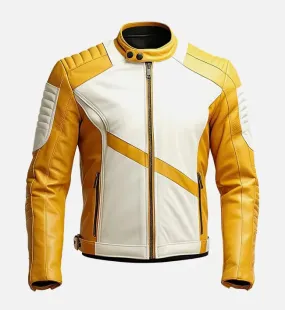 Men’s Yellow White Quilted Cafe Racer Leather Jacket