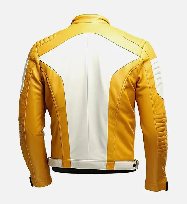 Men’s Yellow White Quilted Cafe Racer Leather Jacket