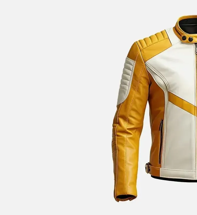 Men’s Yellow White Quilted Cafe Racer Leather Jacket