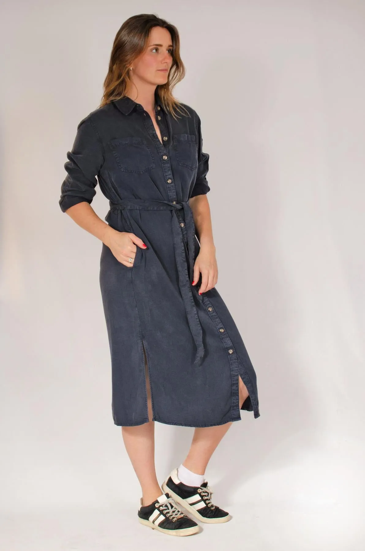 Midi Shirt Dress with Tie Waist