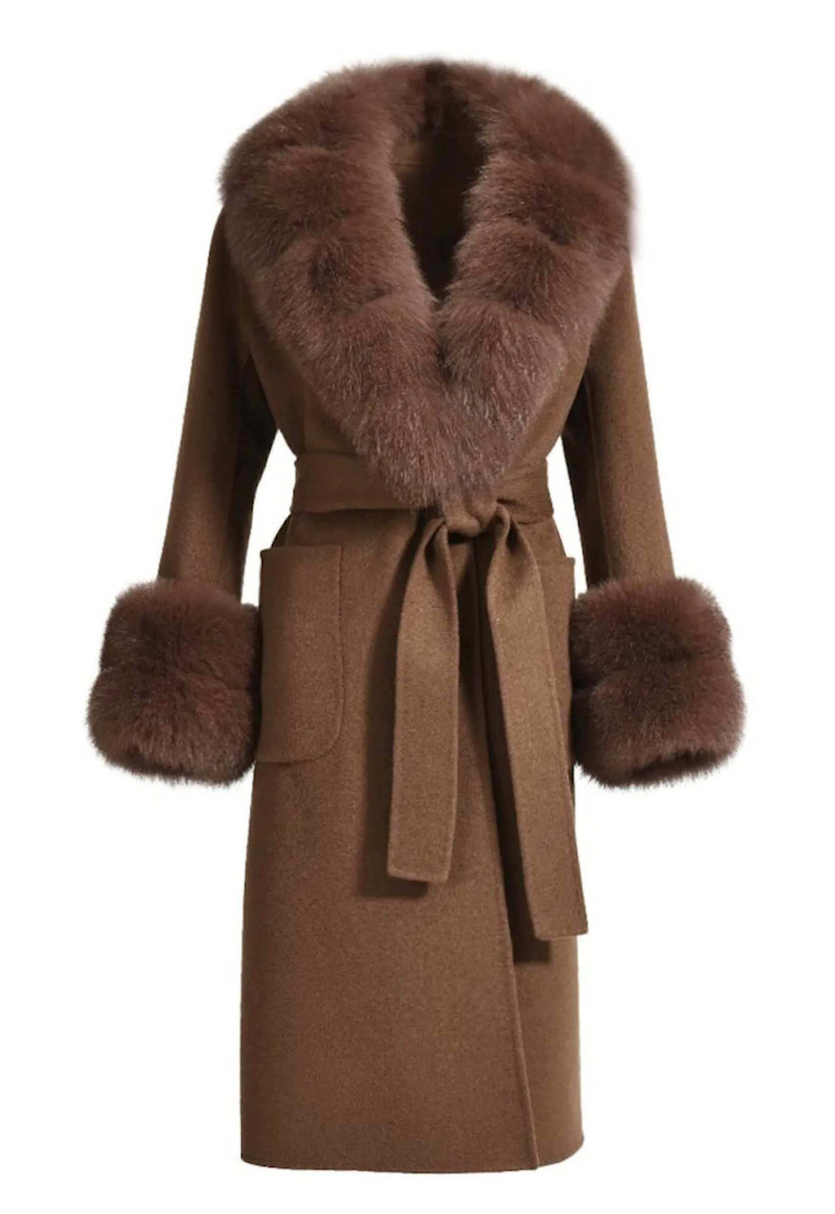 MIMI Brown Cashmere Fur Coat with Fox Fur