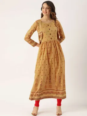 Mustard Printed Chanderi A-Line Jacket Style Dress | Rescue