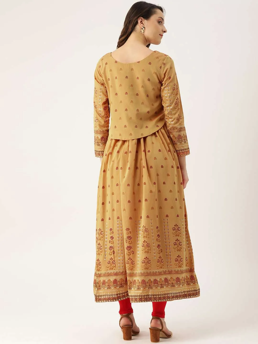 Mustard Printed Chanderi A-Line Jacket Style Dress | Rescue