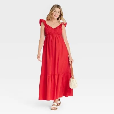 New - Women's Flutter Cap Sleeve Maxi A-Line Dress - Universal Thread Red XL