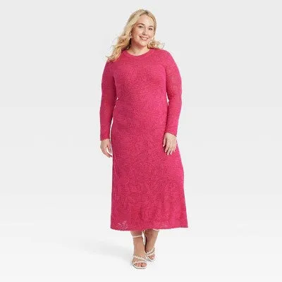 New - Women's Long Sleeve Maxi Pointelle Dress - A New Day Pink 2X