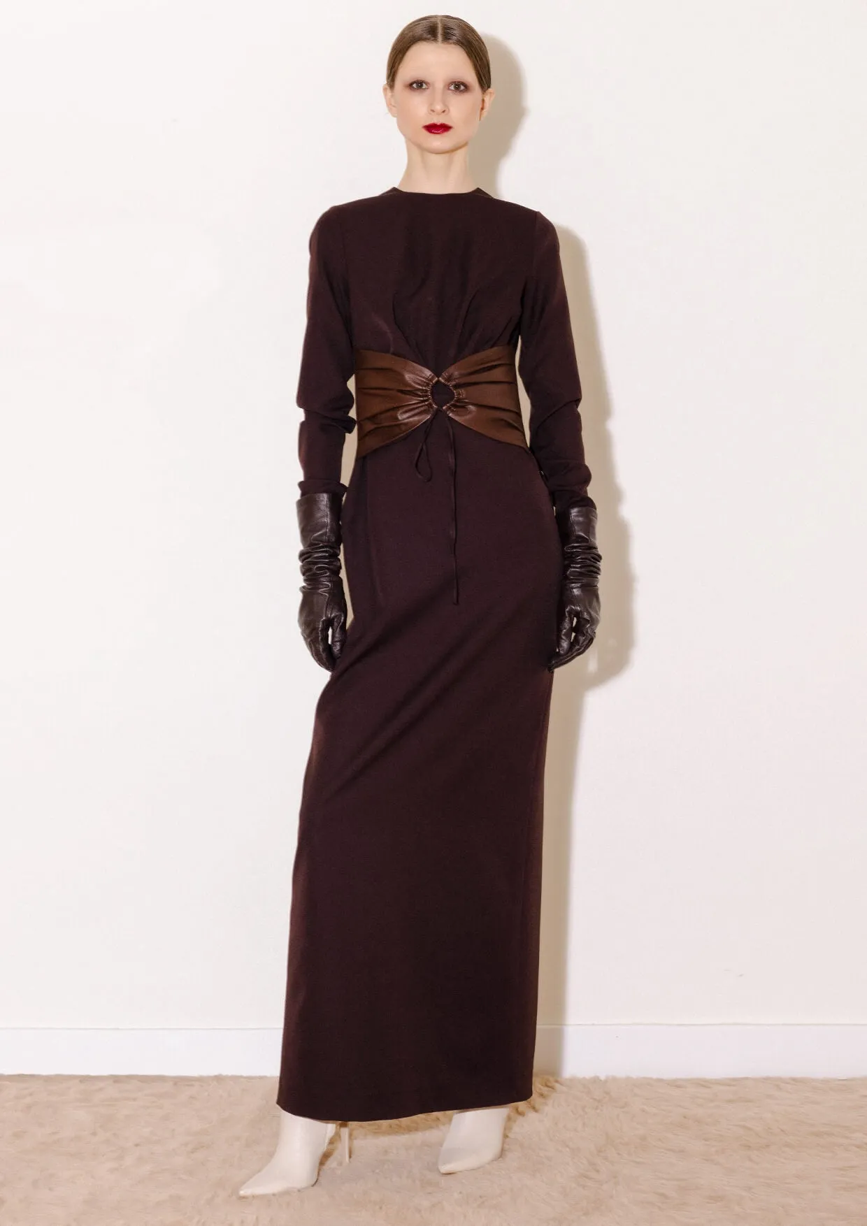 Non-Detachable Leather Belt Cotton-Mix Maxi Dress