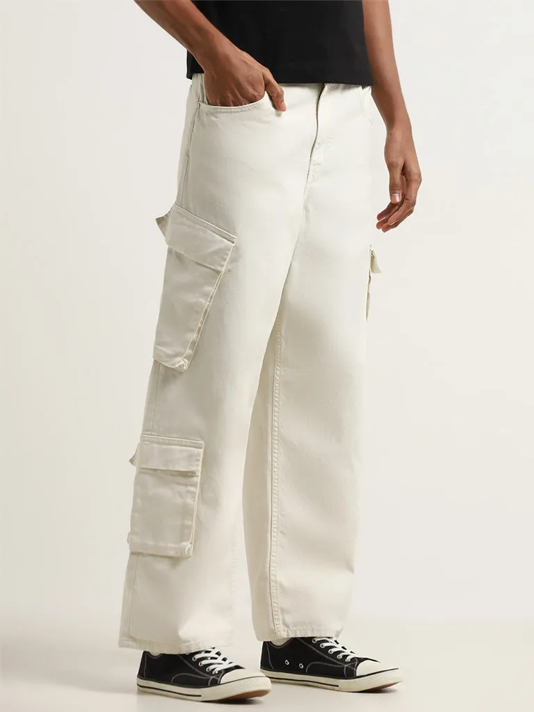 Nuon Off-White Mid Rise Relaxed Fit Jeans