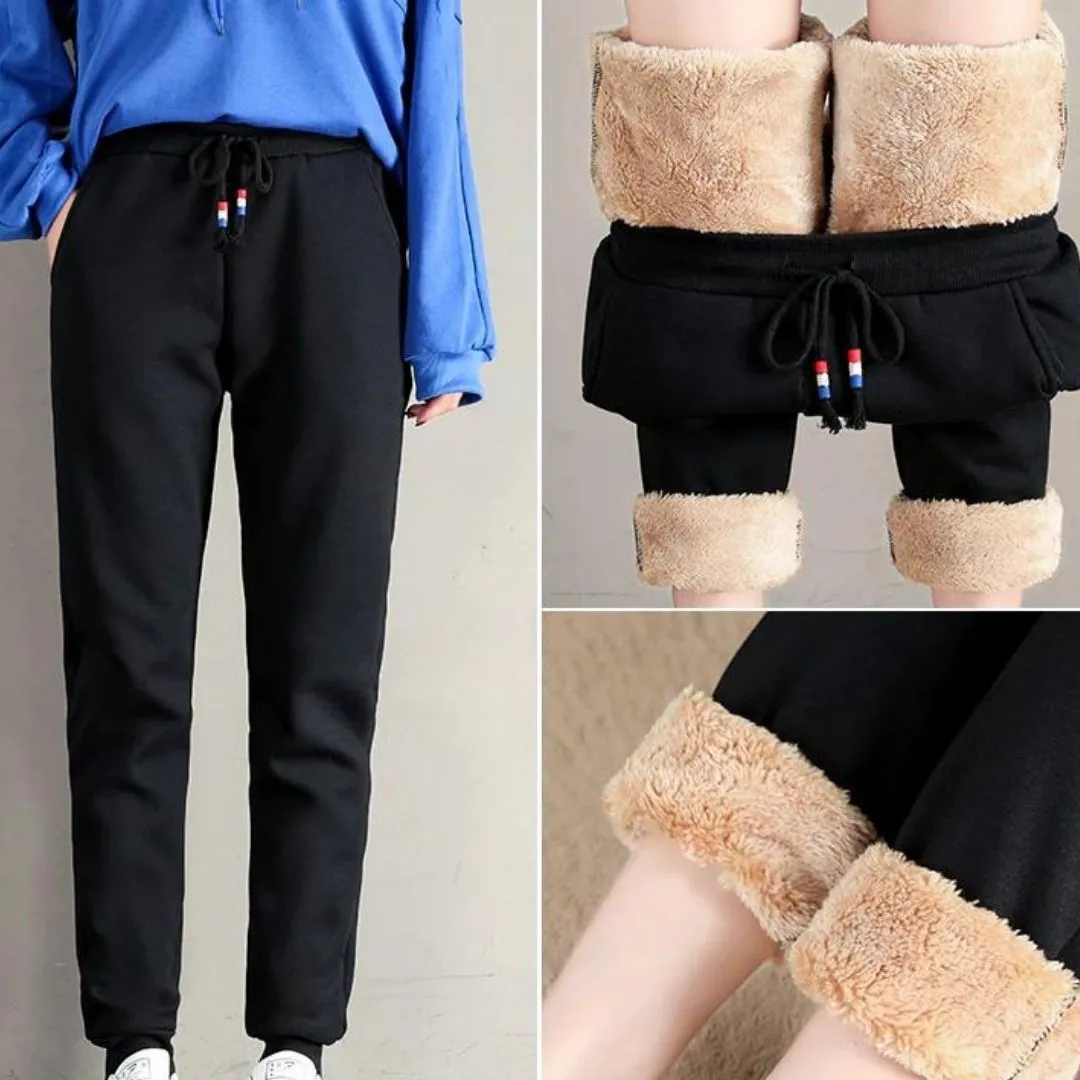 OCW Thick Lamskin Cashmere Pants For Women Thermal Warm Winter Fur Lined