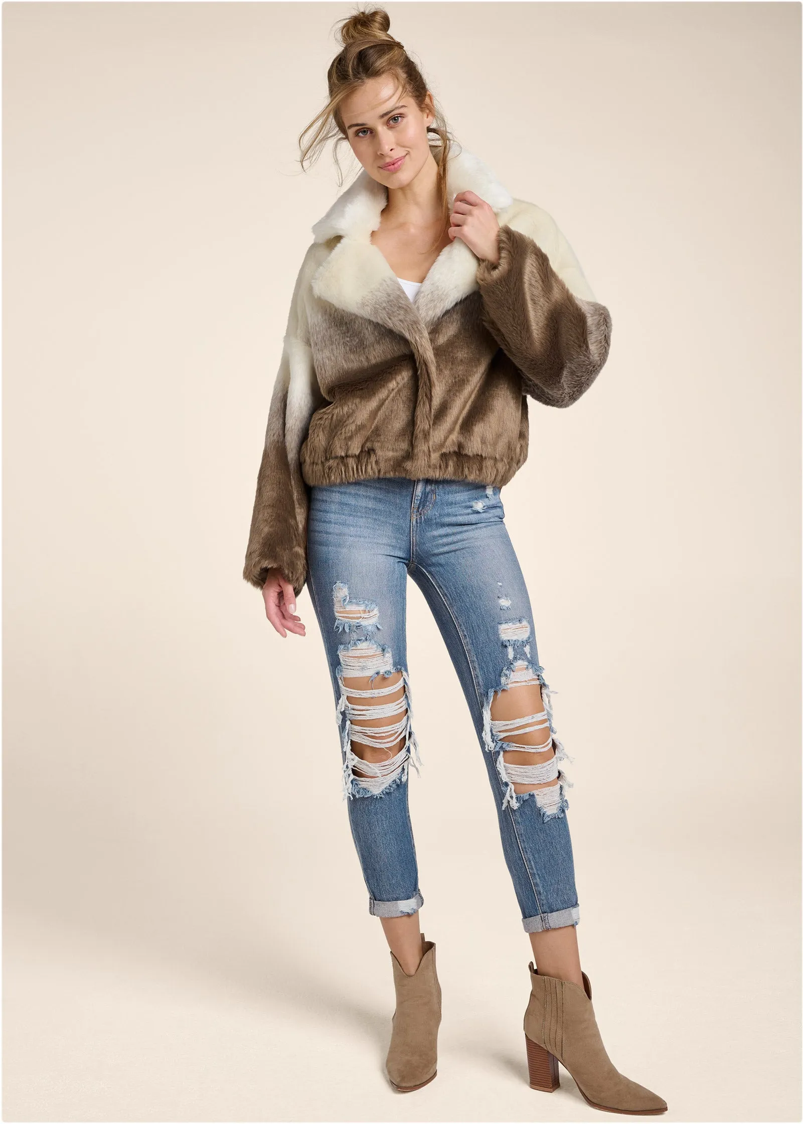 Ombre Faux Fur Coat - Cream Multi