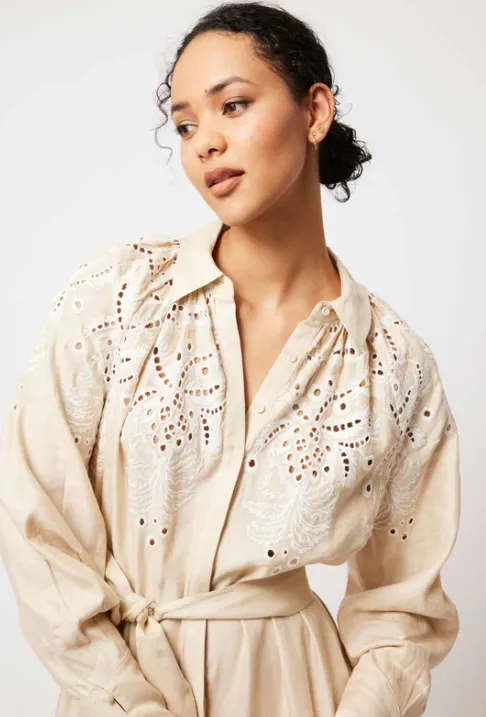 Once Was Estelle Embroidered Linen Shirt Dress