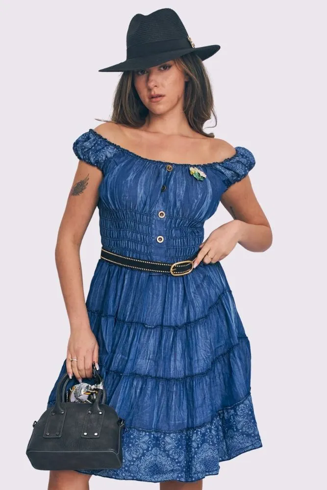 Paisley Print Shirred Waist Tiered Denim Cotton Dress