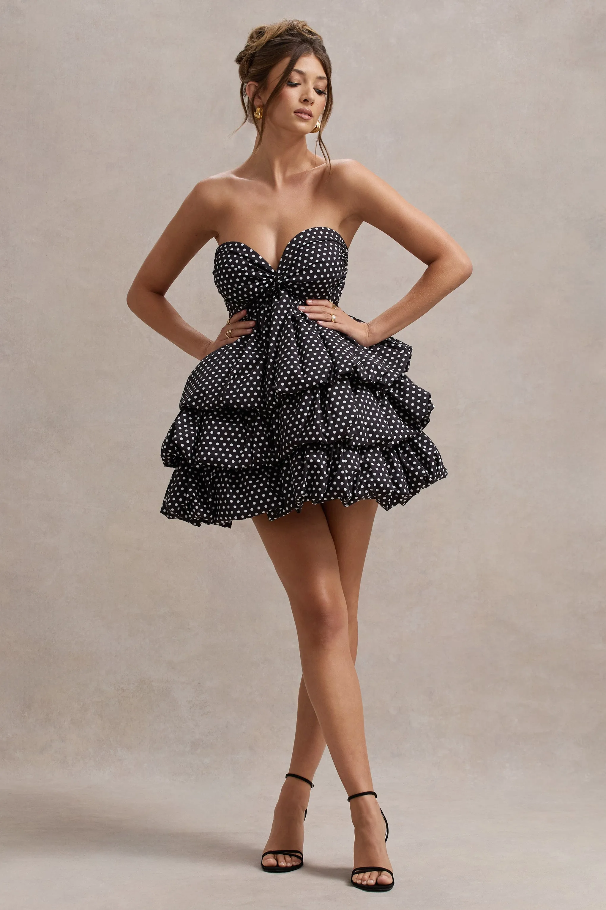 Pepper | Black Polka Dot Strapless Ruffled Mini Dress