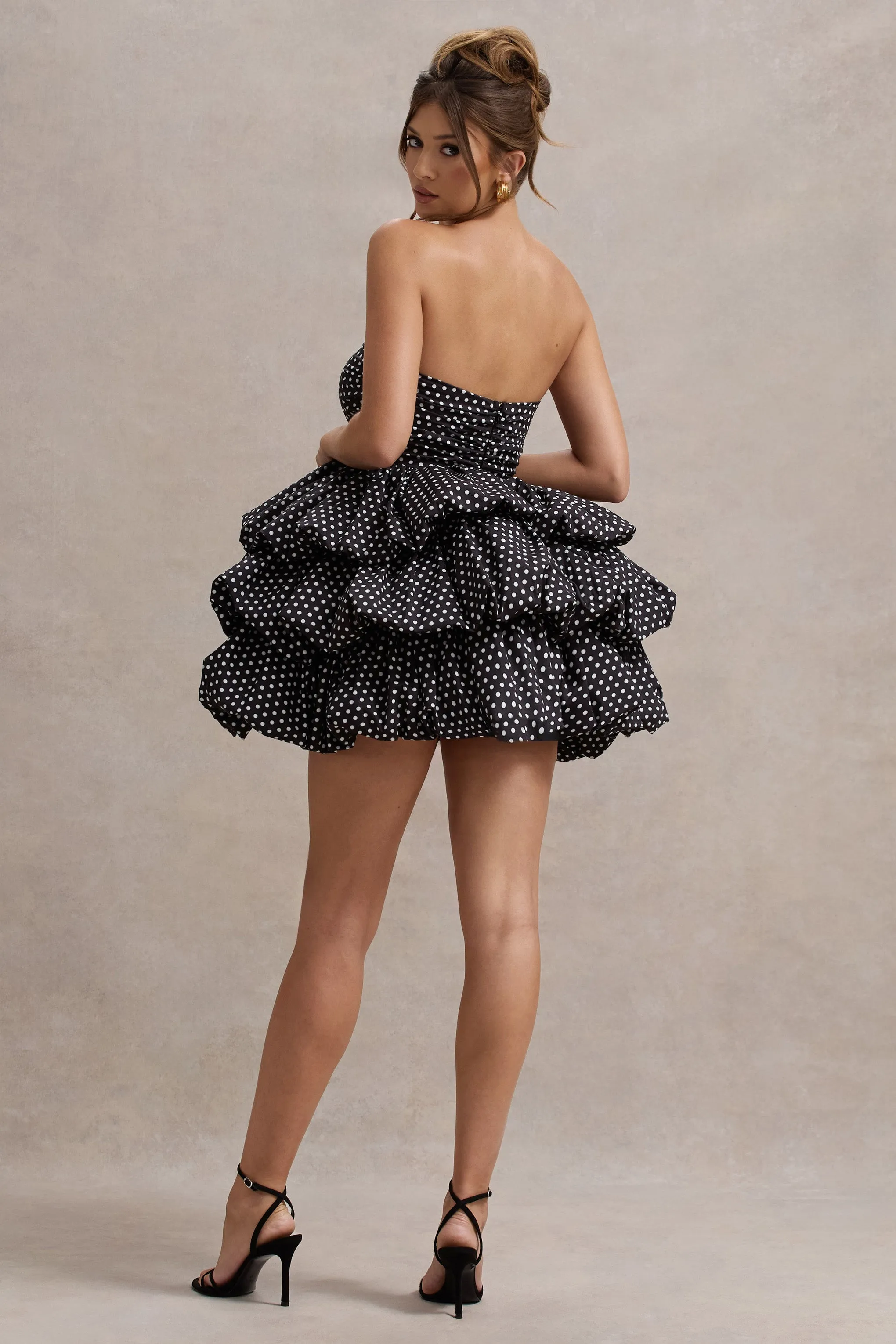 Pepper | Black Polka Dot Strapless Ruffled Mini Dress