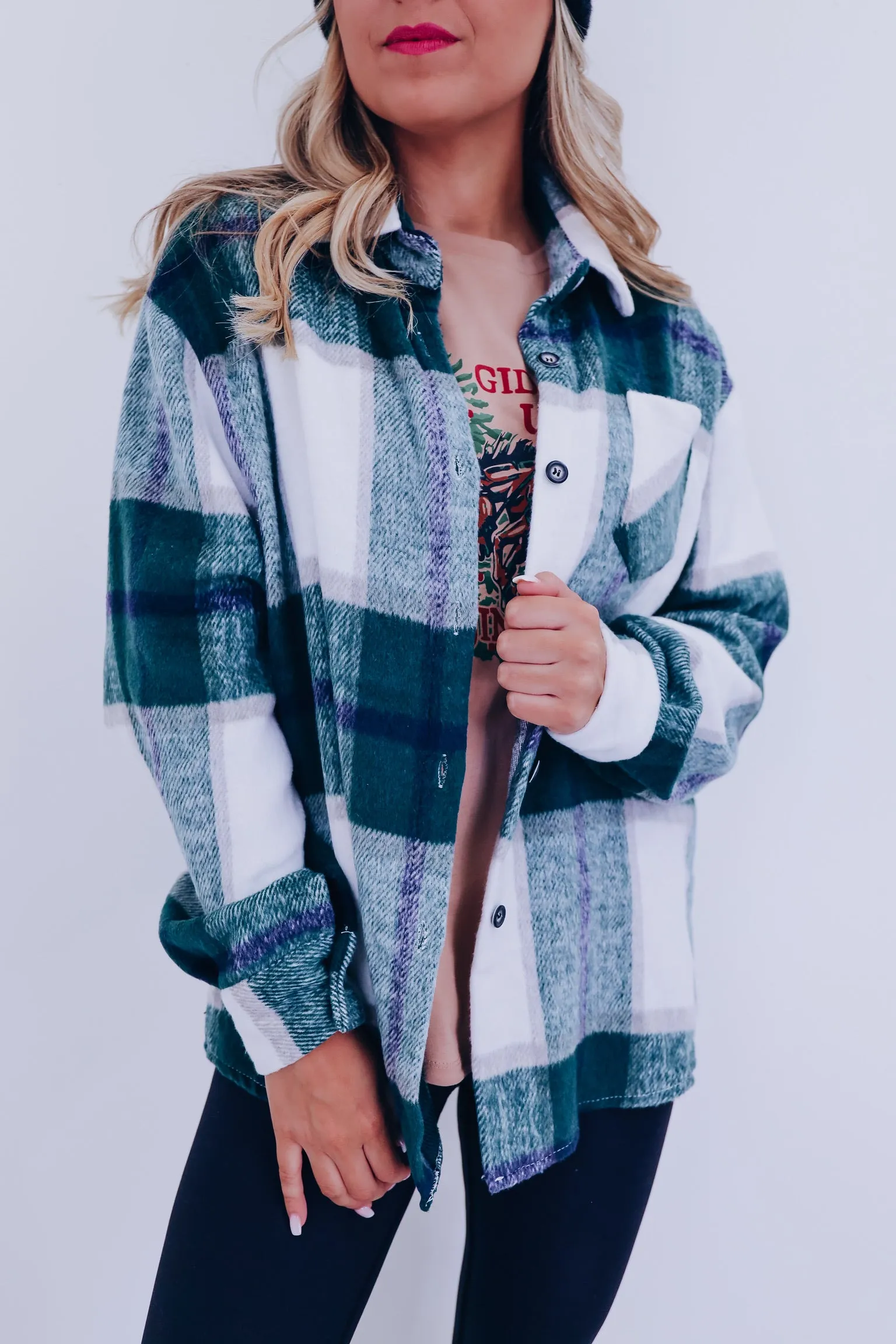 Peppy Plaid Flannel Shacket -Green