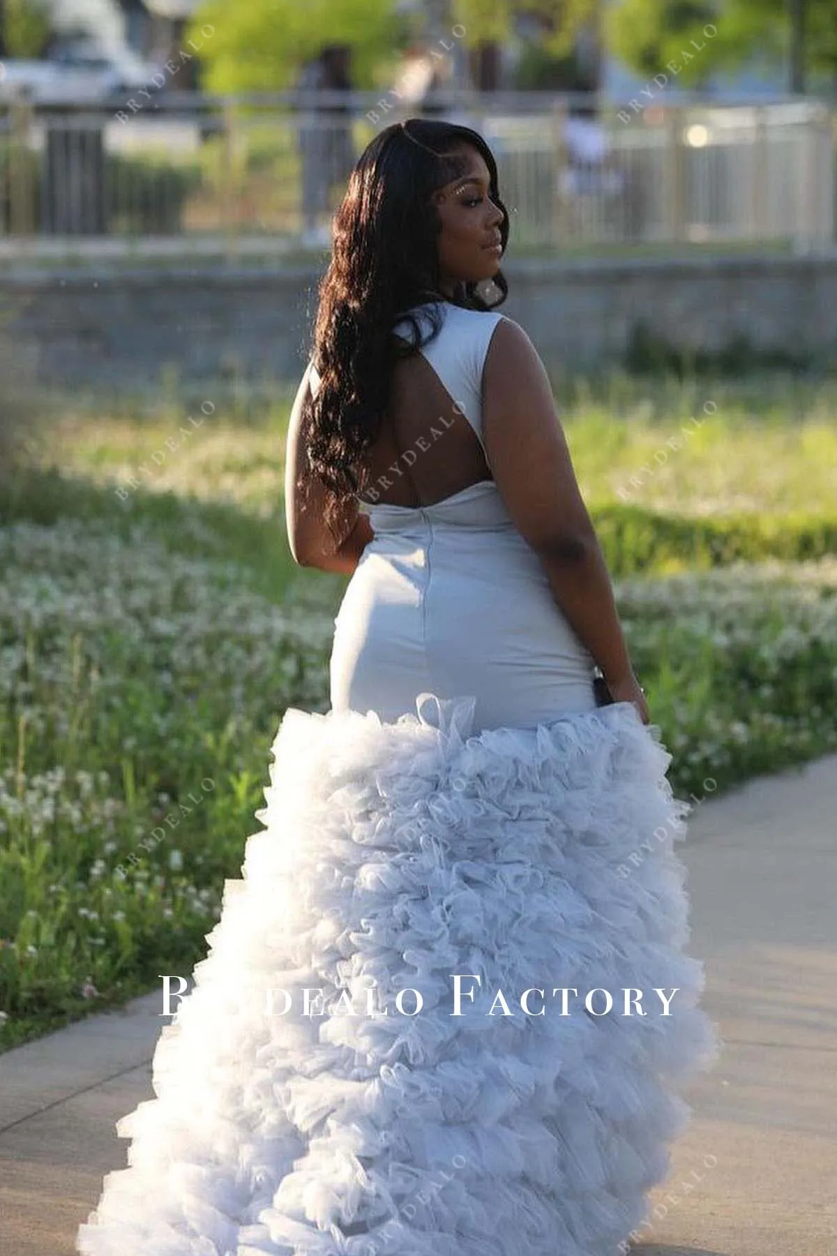 Plus Size Rhinestones White Layered Tulle Trumpet Prom Dress