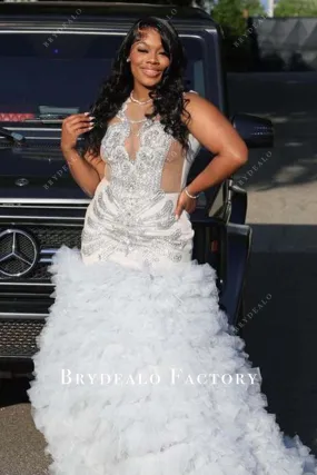 Plus Size Rhinestones White Layered Tulle Trumpet Prom Dress