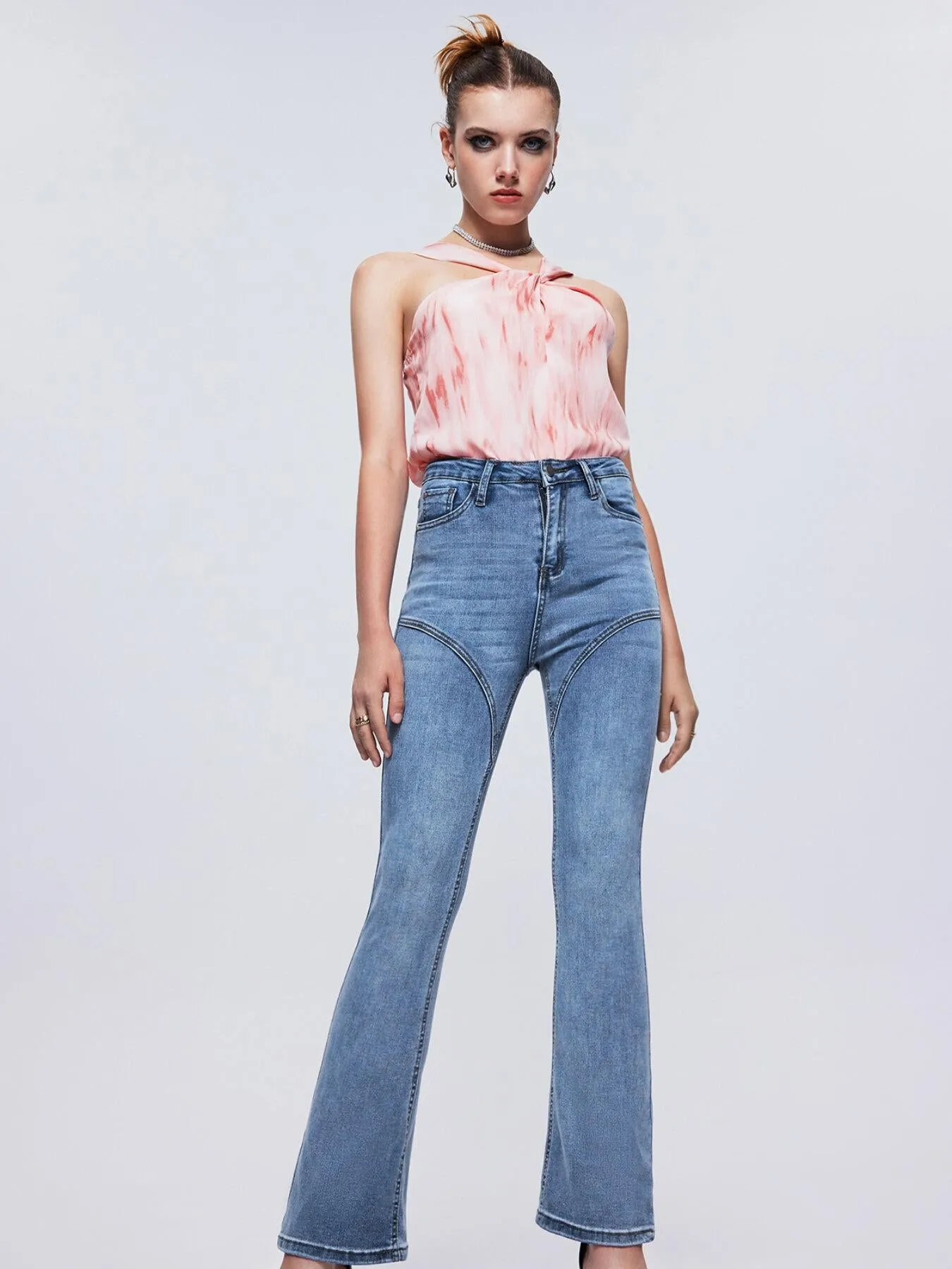 Pocket Button Slim Flare Leg Jeans