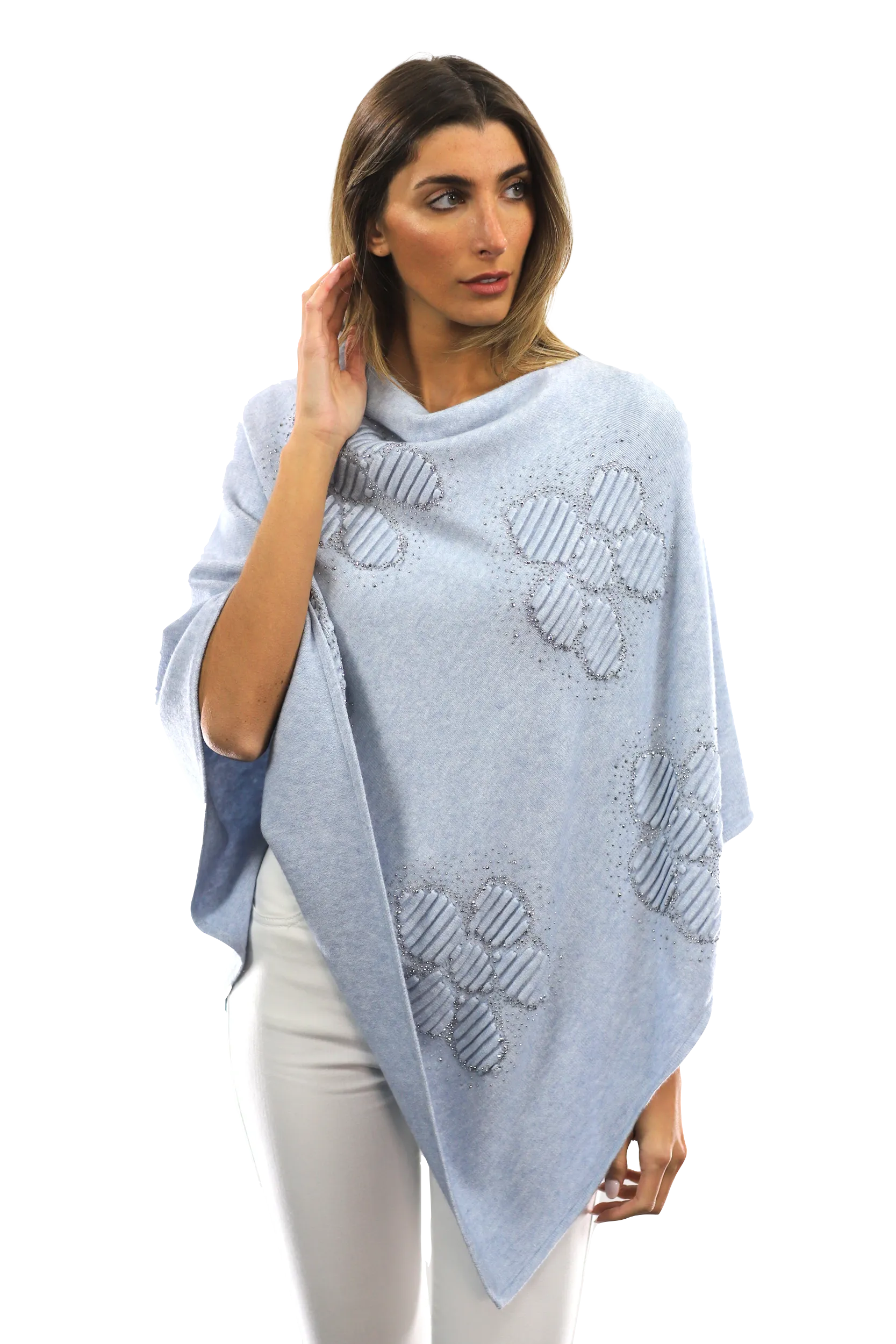 Poncho with Embellished Floral Print