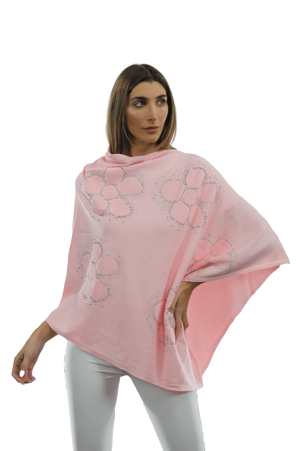 Poncho with Embellished Floral Print