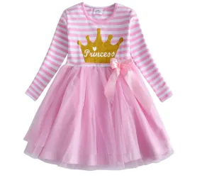 Princess -  Girls Long Sleeve Striped Pink and White Tulle Tutu Skirt Dress