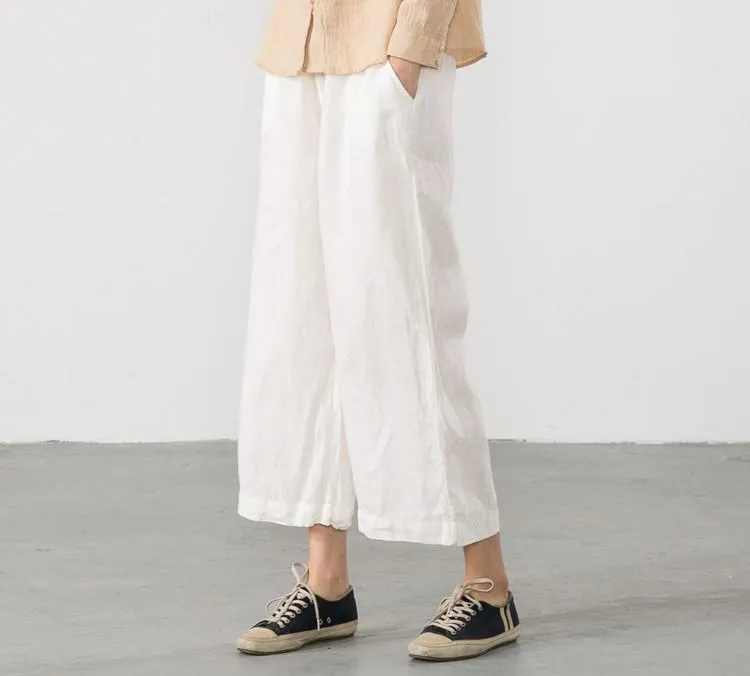 Pure Color Linen Trousers White Women Slacks Pants