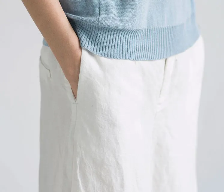 Pure Color Linen Trousers White Women Slacks Pants