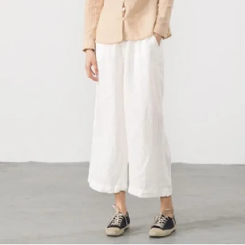 Pure Color Linen Trousers White Women Slacks Pants