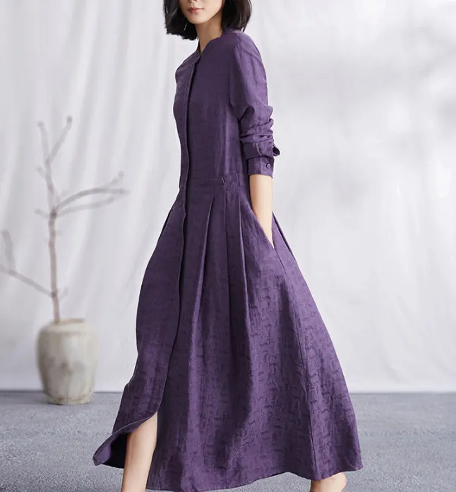 Purple Jacquard Autumn linen Women Dresses Casual Women Dress SSM97215