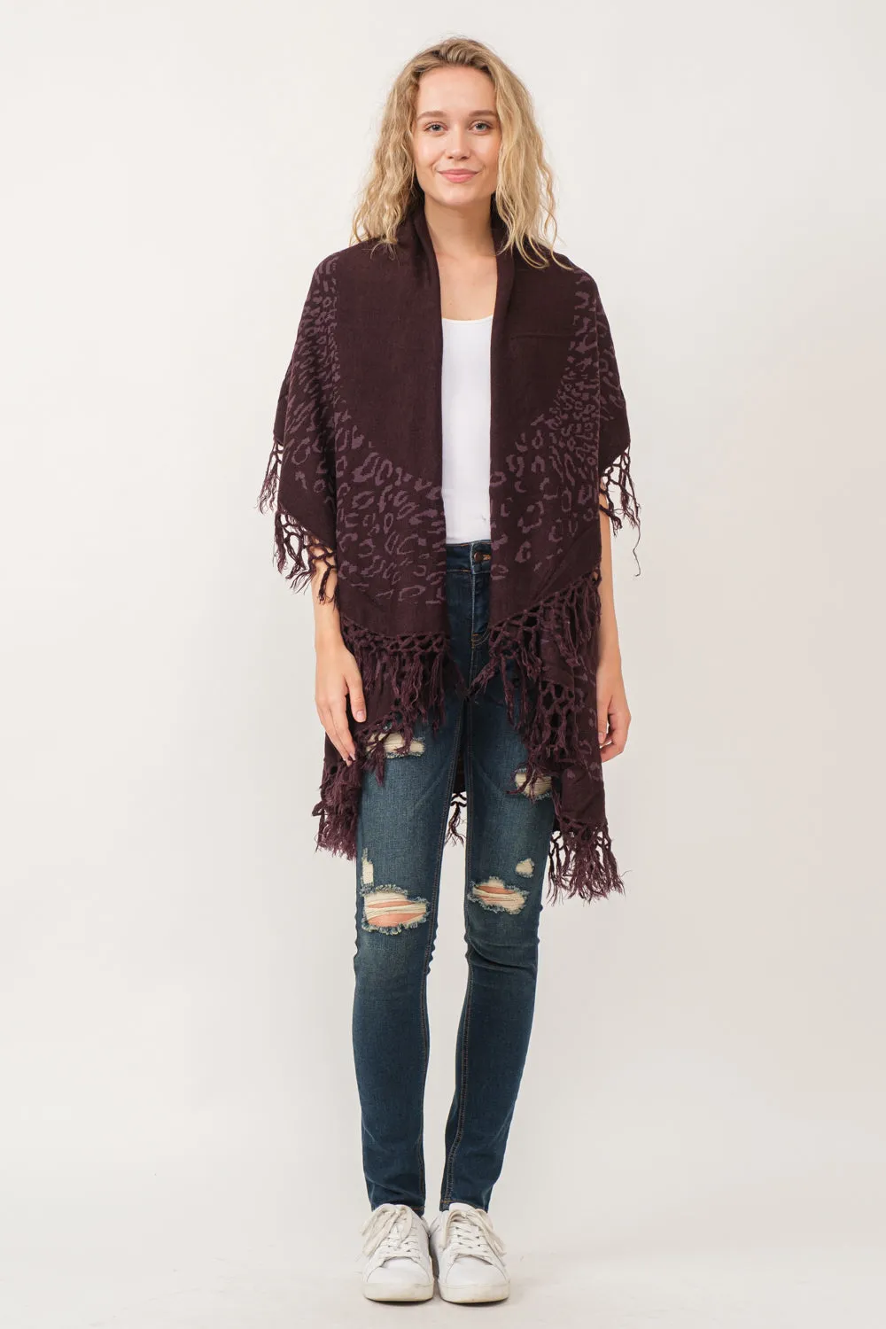 RAJ MAE SPOTTED LEO BORDER PONCHO COFFEE