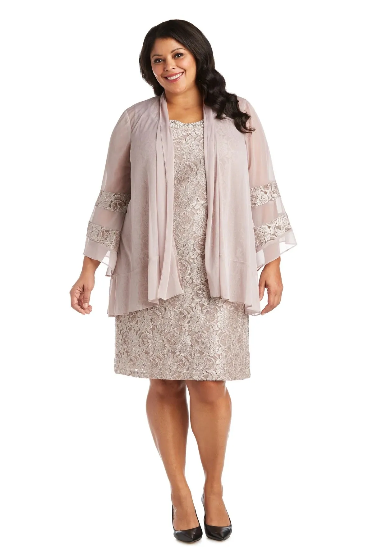 R&M Richards Women's Plus Size 2 Piece Bell Sleeve Chiffon Jacket Dress - Mother of The Bride Dress