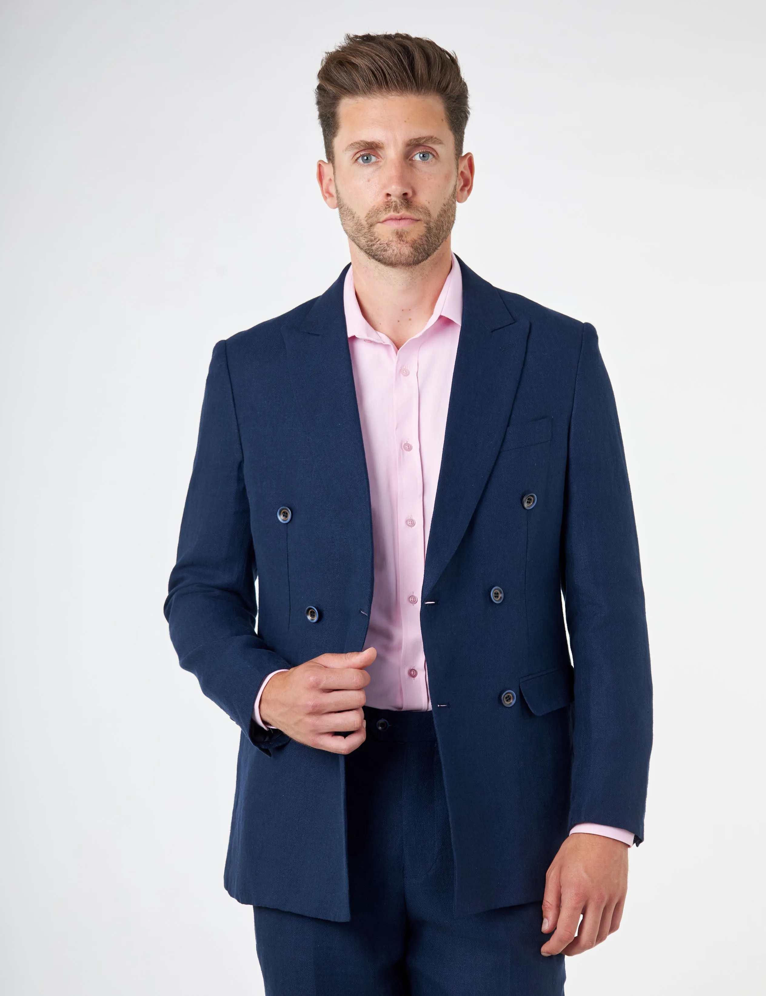 RAY - Tailored Fit Double Breasted Suit in Navy Herringbone Linen