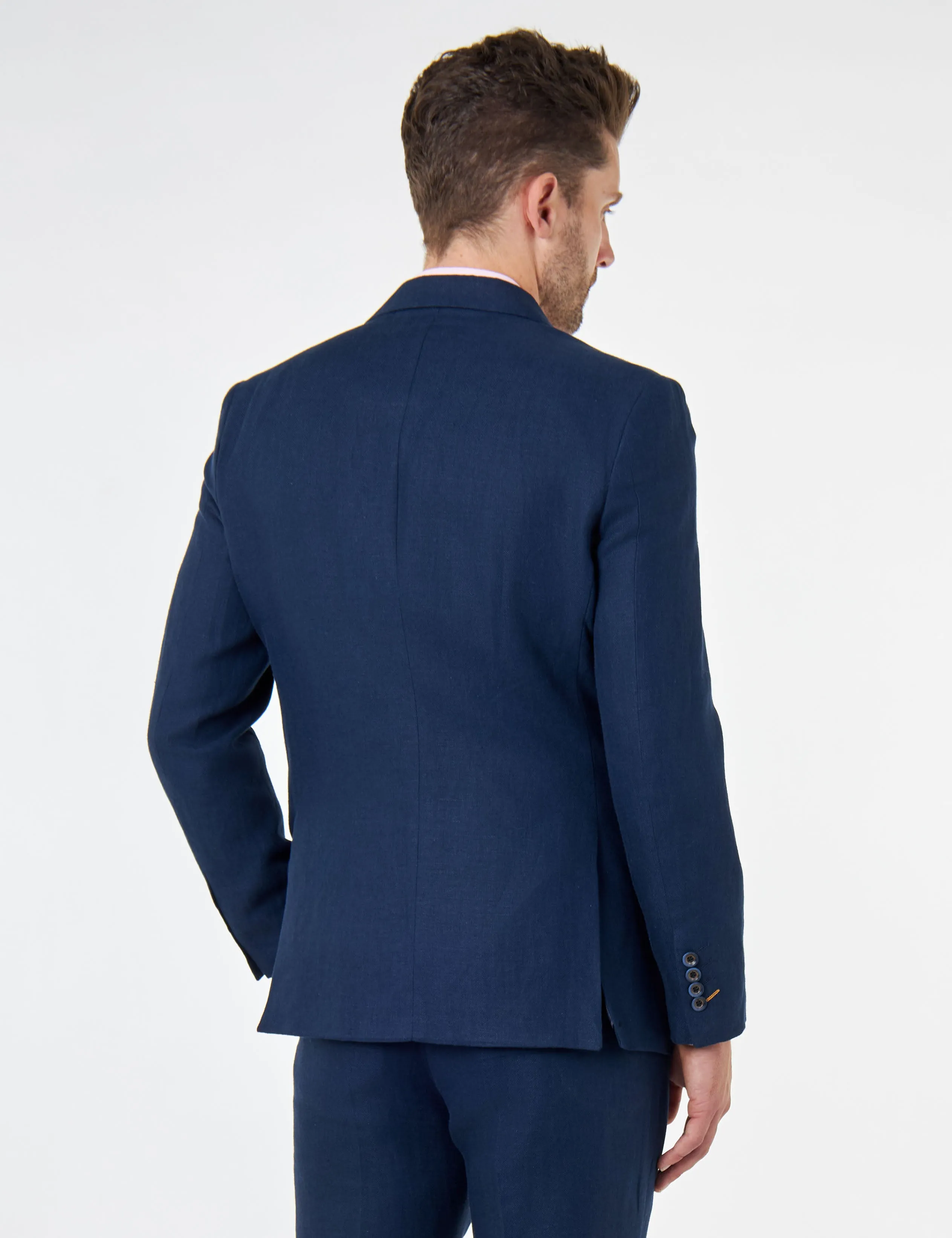 RAY - Tailored Fit Navy Herringbone Linen Suit Jacket