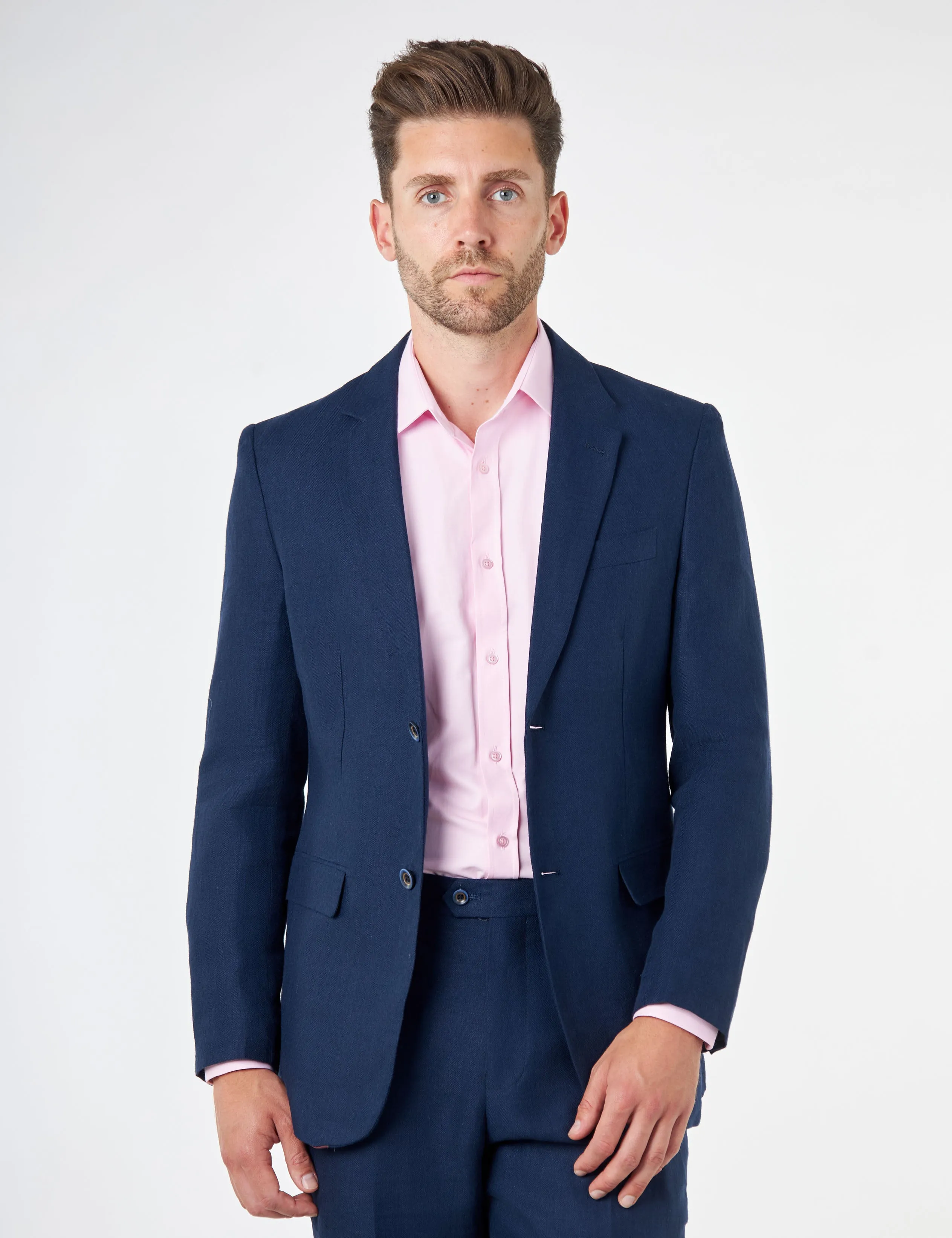 RAY - Tailored Fit Navy Herringbone Linen Suit Jacket