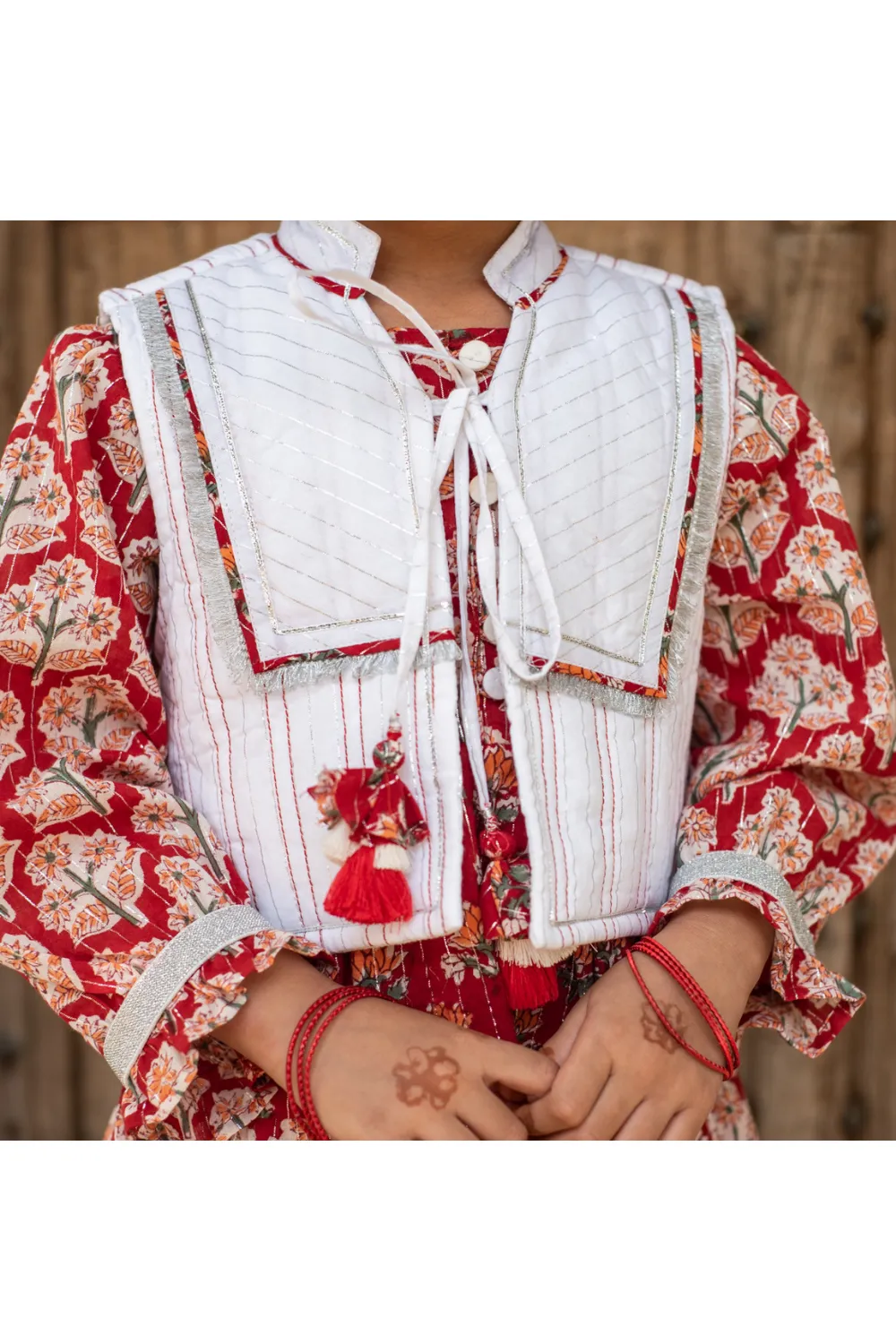 Red Floral Printed Tiered Cotton Dress With Jacket Set