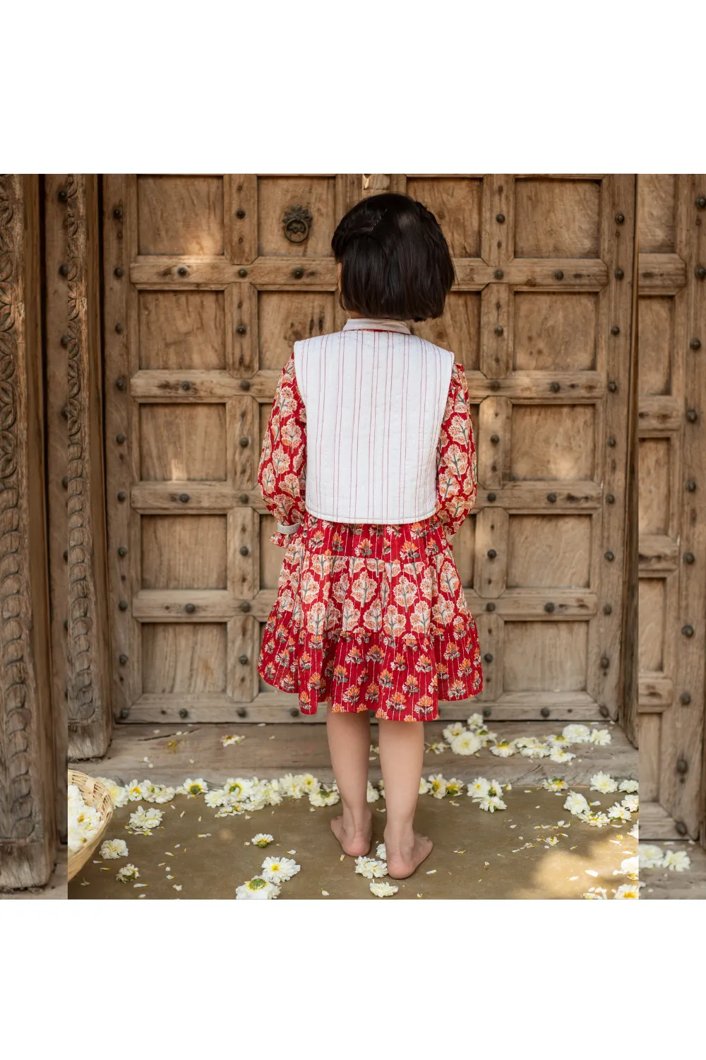 Red Floral Printed Tiered Cotton Dress With Jacket Set