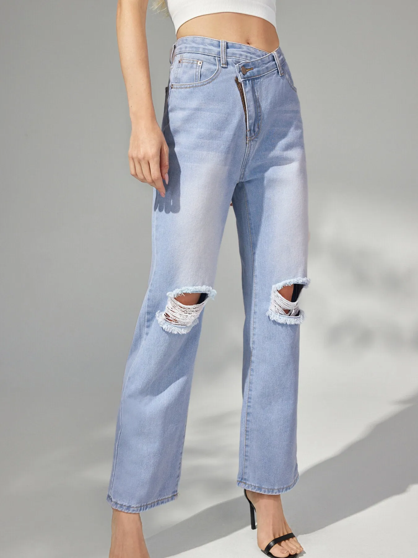 Ripped Button High Waist Straight Leg Jeans