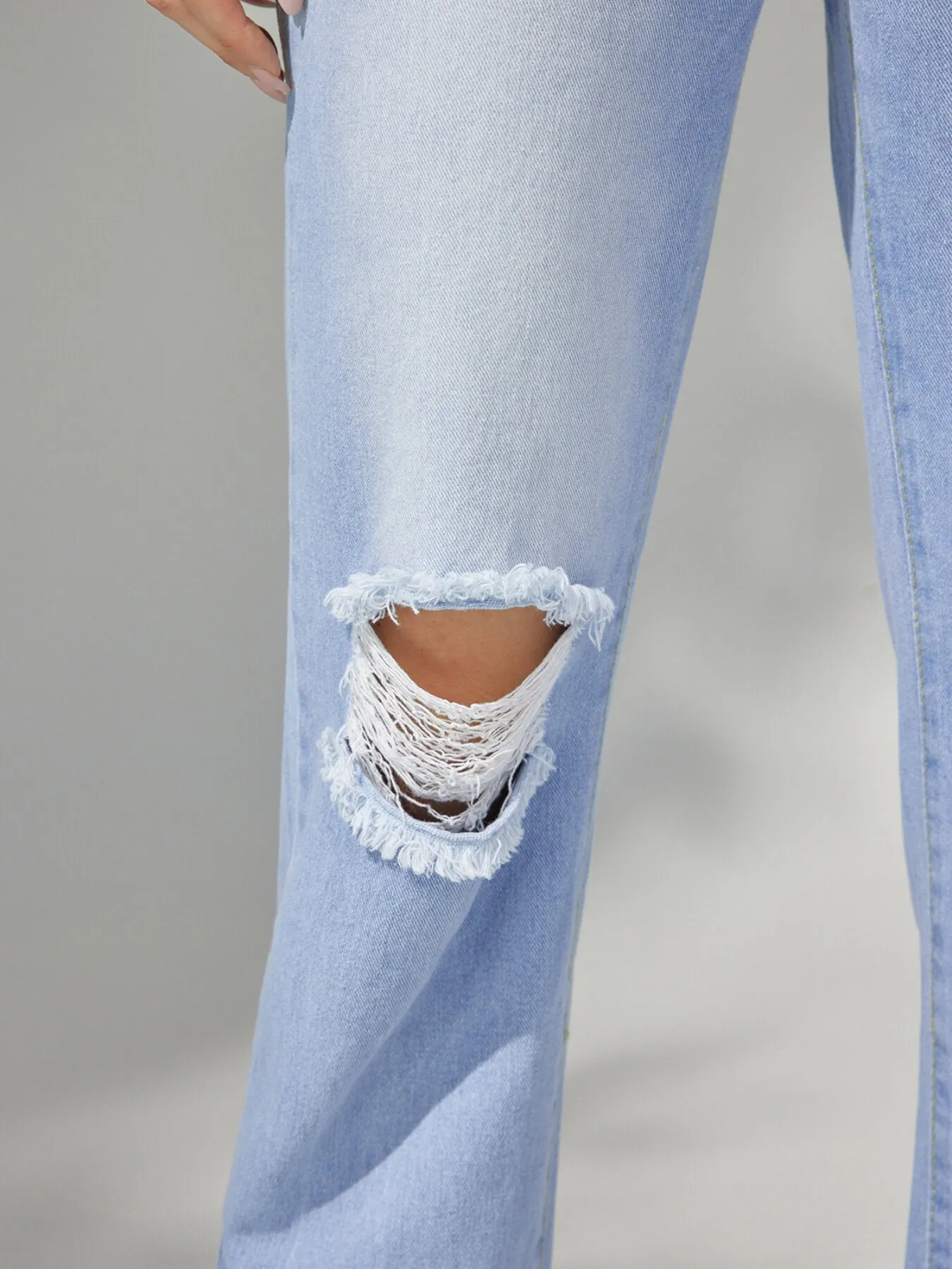 Ripped Button High Waist Straight Leg Jeans