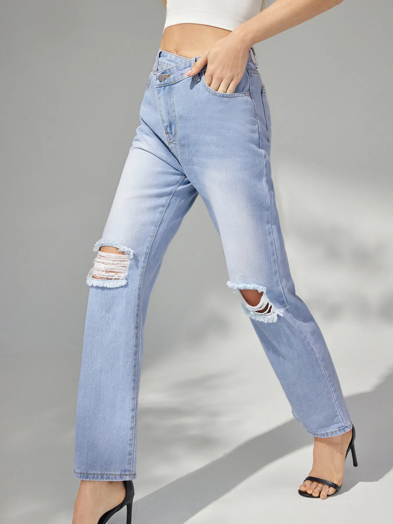 Ripped Button High Waist Straight Leg Jeans