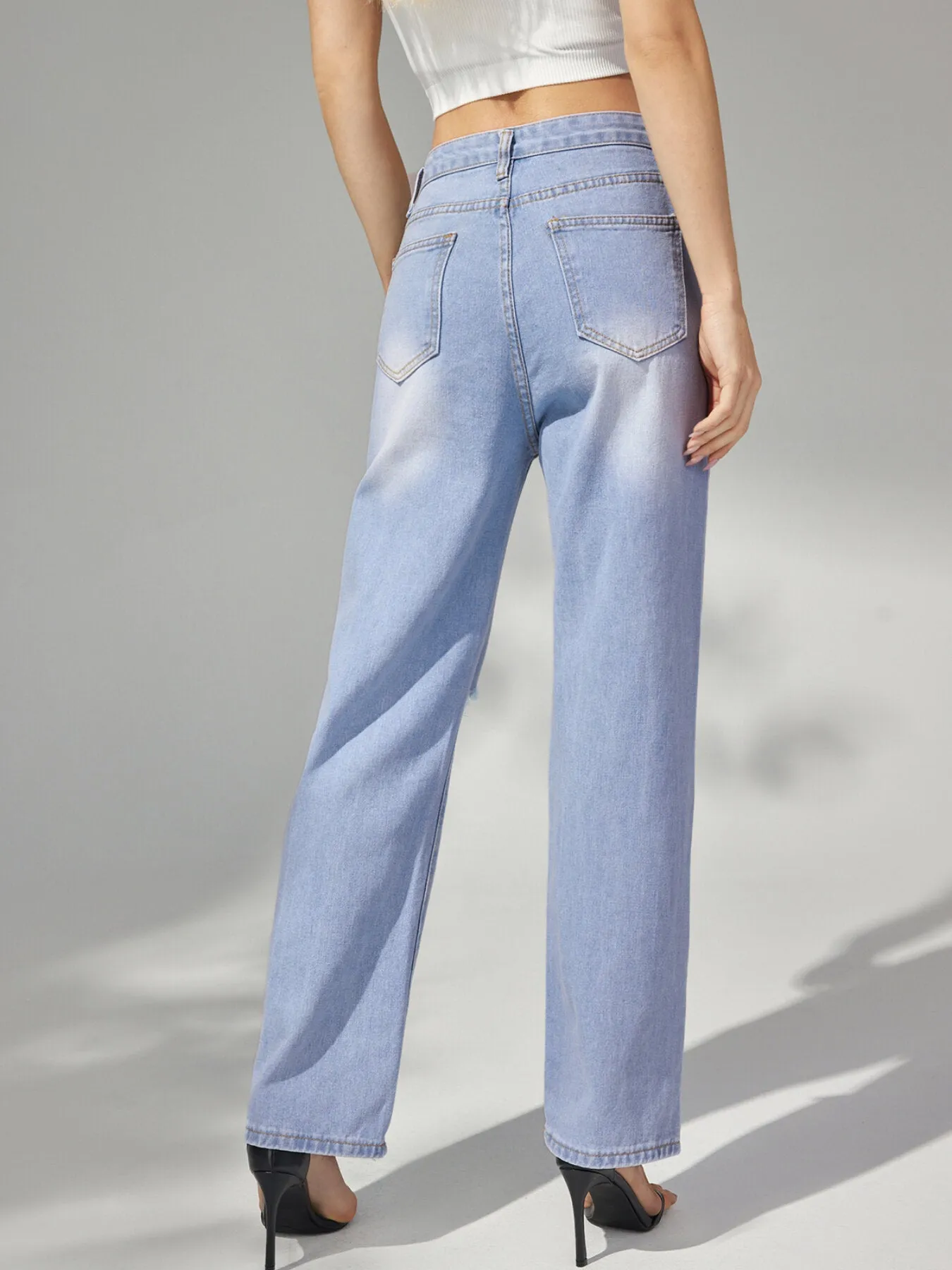 Ripped Button High Waist Straight Leg Jeans