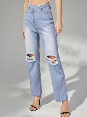 Ripped Button High Waist Straight Leg Jeans