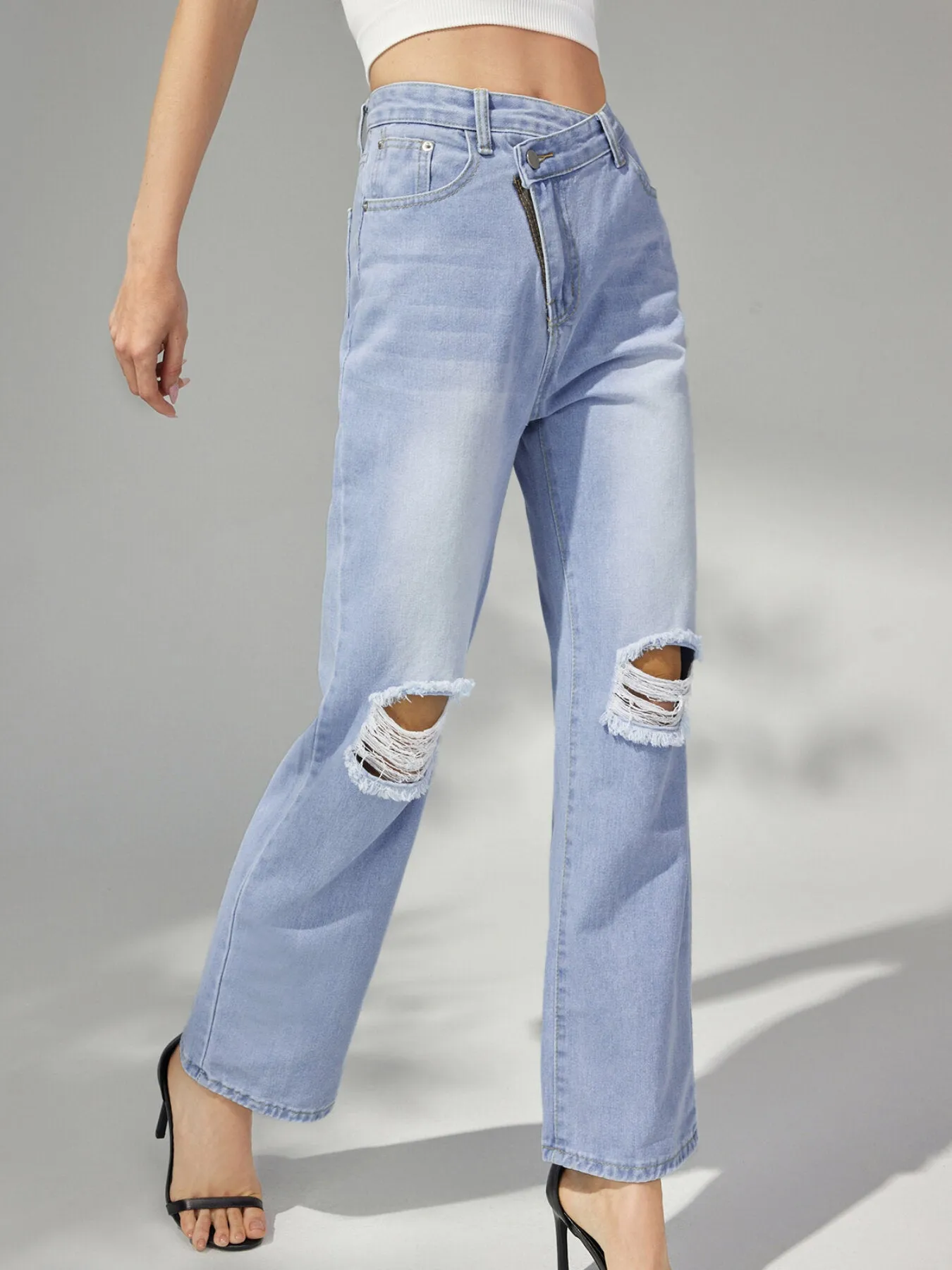 Ripped Button High Waist Straight Leg Jeans